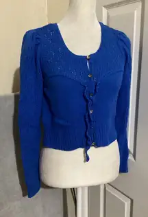 Knitted & Knotted Blue Crochet Knit Puff Sleeve Cropped Cardigan Sweater Womens