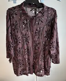 Brown Embellished Blouse with Long Sleeves and Mandarin Collar