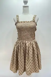 New White Birch Tan & Brown Polka Dot Smocked Open Back Ruffle Mini Dress Medium