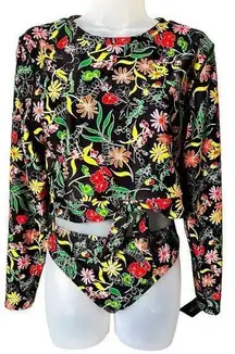 NWT Kate Spade Black Multi Colored Floral Print, Cropped Rashguard/Bikini Bottom