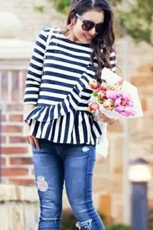 J. Crew F8928 Asymmetrical Navy Ivory Striped Ruffle Peplum Top Women's Size‎ XS