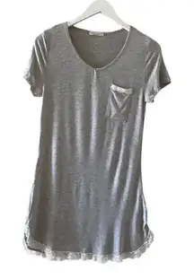 Ekouaer Gray V-neck Soft Lace Embroidered Hem Short Sleeves Sleep Dress SZ XS