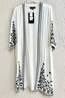 NWT Mieeion Embroidered Floral Kimono Robe Midi Cover Up White Women's Small