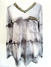 Gray Tie Dye with Sequins Trim Long Sleeve Knit Top Size Medium