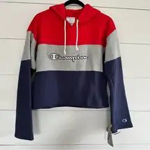 Champion Small Reverse Weave Colorblock Red Grey Blue Cropped Hoodie NWT New