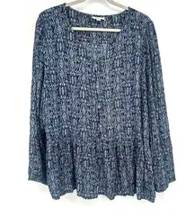 Style & Co  Blue Boho Baby Doll Top Long Balloon Sleeves Peplum Size XXL