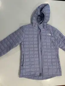 Purple north face puffer jacket