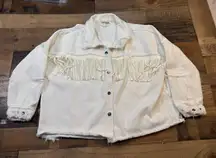 ✨ Savannah Jane White Denim Fringe Jacket - Size L - Western Boho Festival Chic