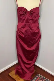 House of CB Flora Wine Satin‎ Pleated Corset Midi Dress L+