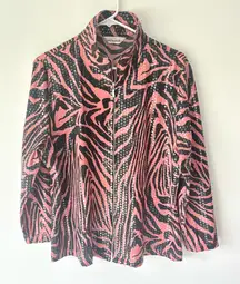 Misook Vintage Pink Black Zebra Print Clear Sequins Full Zip Shirt Jacket Disco