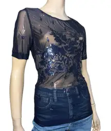 Rouge a Levres Women’s Size 44 M Navy Blue Sequin Embellished Mesh Sheer Top