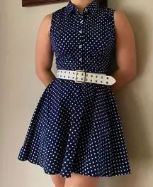 retro 60s style navy blue polkadot flare dress