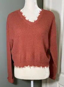Moon & Madison Rust Distressed V-Neck Cropped Knit Sweater Size M Terracotta
