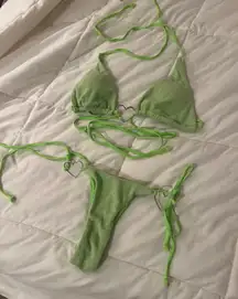 Neon Green Towel Cloth Material Silver Heart Tie String Cheeky Two Piece Bikini