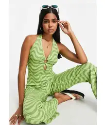 Wednesday's Girl Green Halter Retro Sleeveless Striped Flare Jumpsuit Size S