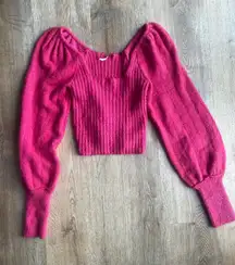 Free People Pink Puff Sleeve Sweater Top Size M Cropped Knit Square Neck