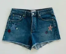 Sundry Blue Jean Shorts with Distressed Embroidered Star Accents Size 29