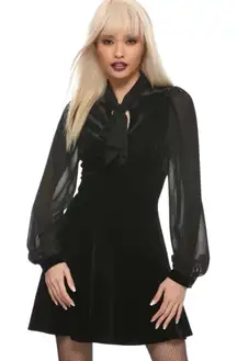 Hell Bunny Estelle Black Velvet Sheer Sleeve mini Dress 
Bow emo goth holiday