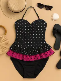 Jantzen Vintage Black White Polka Dot Ruffle One Piece Swimsuit Size 12 in EUC