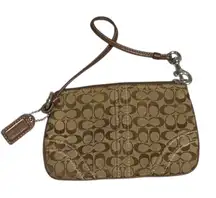 Coach Small Tan and Brown Signature Wristlet Zip Pouch/Wallet
