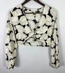 H&M Linen Blend Top Small Shell Print Twist Front Cropped Coastal Resort Beachy