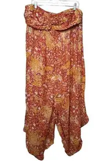 Anthropologoie Jumpsuit Women 1X Orange Harem Tropical Floral Birds Beach Cruise