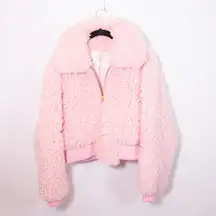 LoveShackFancy Morea Faux Vegan Teddy Shearling Full Zip Bomber Jacket Pink S