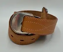 Top Grain Cowhide Leather Belt Silver Buckle & Stitching Detail Tan Medium