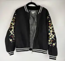 Floral Embroidered Black Bomber Jacket