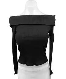 Emory Park Black Off Shoulder Open Cutout Back Ribbed Knit Crop Sweater Top L