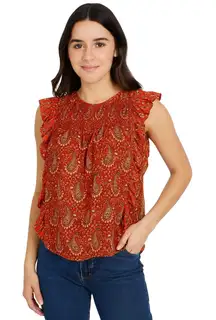 DR2 Women's Sleeveless Paisley Print Ruffle Blouse - Size XS Orange