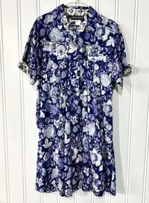 VTG Alexander Campbell 2 Piece Blue Button Down Top & Skirt Set Floral Collared