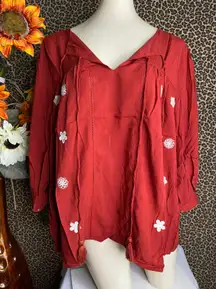 ✅3/$30✅NWT  Red/White Embroidered Long Sleeve Boho Peasant Top | LARGE