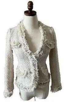 Red Ka Blazer Fringe Tweed Blazer Women Size Small Cream Pearl‎ Button Clasp