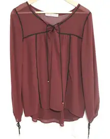 Abercrombie & Fitch Burgundy Red Black Tie Neck Long Sleeve Blouse Top Size L