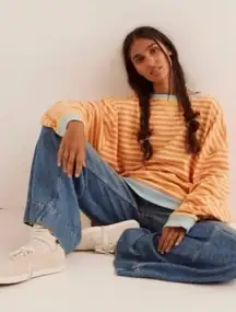 New Free People Classic Striped Crewneck Sweatshirt Tangerine Combo‎ small