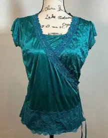 Y2K Vol.1 Teal Ruched Lace Trim Wrap Style Short Sleeve Blouse Top XL