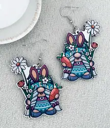 Bunny Gnome with daisies wooden earrings