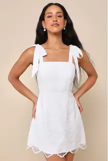 NWT Lulus Lovable Aesthetic White Embroidered Tie-Strap Mini Dress Engagement S