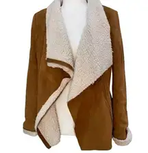 Faux Suede & Shearling Drape Coat by Miss Love - size Large