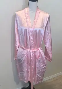 Morgan Taylor Pink Satin Robe Ruffle Pockets Belt Tie