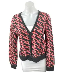 Aqua Red Black 100% Cashmere Geometric Long Sleeve Button Up Cardigan Sweater L