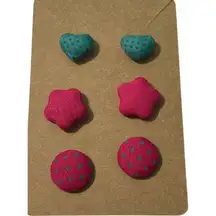 Stud Button Statement Earrings Set Fabric Polka Dot Hearts Stars Pink Teal Blue