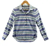J. CREW Popover Top Womens 4 White Blue Stripe 100%‎ Cotton Collared 1/4 Button