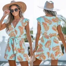 Cupshe Teal Orange Tropical Flutter Sleeve Romper Large New