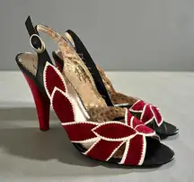 Vintage Poetic License “Spring Blooms” Red and Black Women's Leather Heels