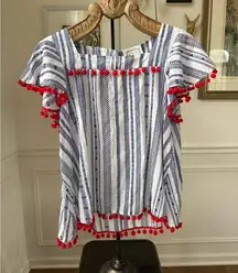 Sts Sail To Sable X Tuckernuck Blouse Cotton Pom Pom Flutter Boho Preppy Coastal