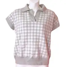 Sioni White and Grey Checkered Short Sleeve Sweater Small