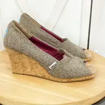 Wedge Heels Herringbone Tweed Peep Toe Cork Brown Tan Size 8