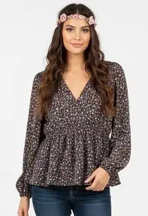 Maurices Floral Peplum Top Womens XL Black Pink Long Sleeve V-Neck Boho Peasant